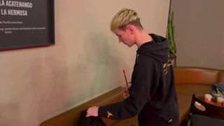 2 fellows bang and smooch in a public rest room in a cafe