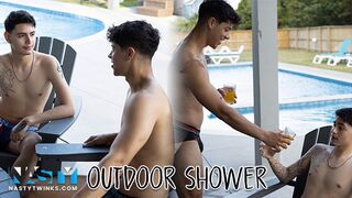 NastyTwinks - Outdoor Douche - Jay Angelo Takes Douche When Jordan Haze Joins, Without a condom Bathroom Nail
