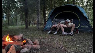 Fellating his mushroom head while camping